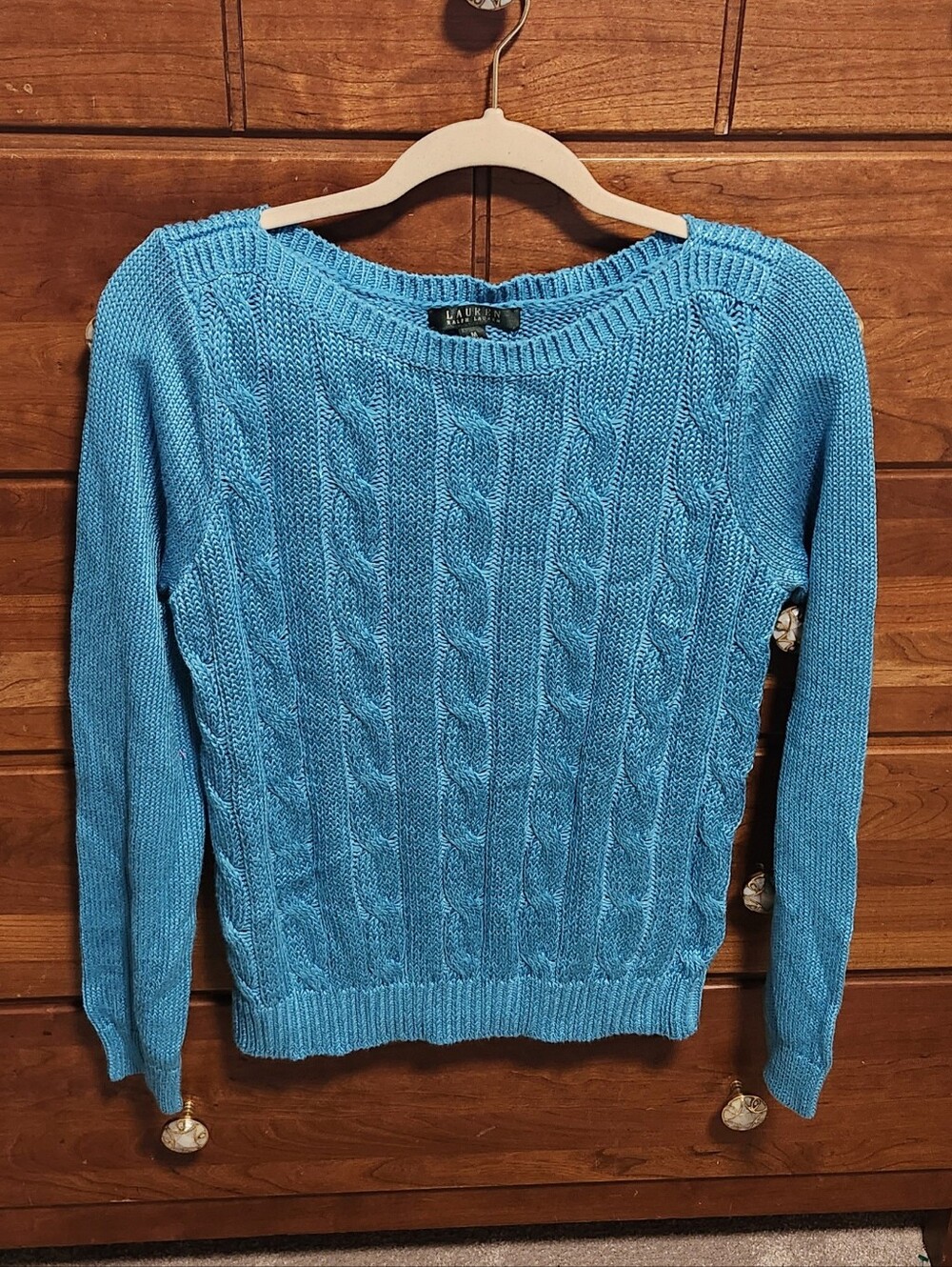 NWT Lauren Ralph Lauren Turquoise Cable Knit Boat Neck Sweater Women's Size M